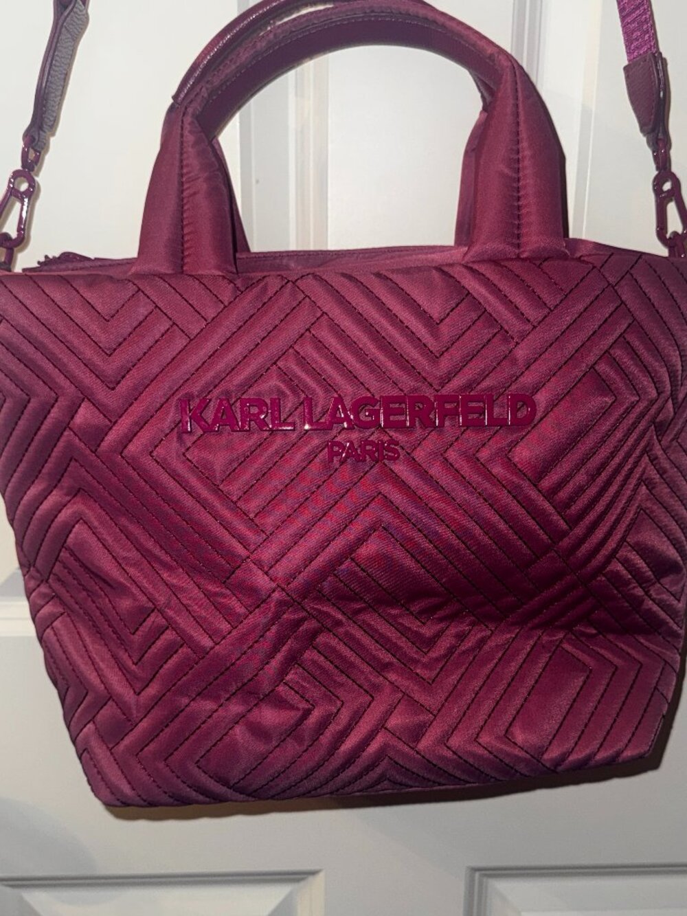 Karl Lagerfeld Paris Voyage Quilted Nylon Crossbody Puffer Tote Bag Plum Berry